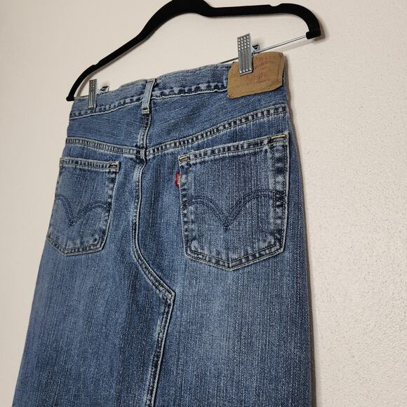 Vintage Levi's Denim Maxi Skirt Fringe Slit Button Pockets Boho Western Country - Picture 4 of 7